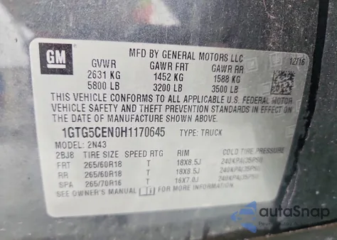 2017 GMC Canyon Sle z USA, uszkodzony, nr VIN 1GTG5CEN0H1170645